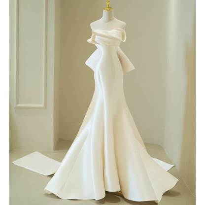 Zeitlose Meerjungfrau Schatz Weiß Satin Brautkleid Lange Märchen Herbst Vintage Brautkleider AU258