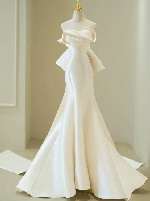Zeitlose Meerjungfrau Schatz Weiß Satin Brautkleid Lange Märchen Herbst Vintage Brautkleider AU258