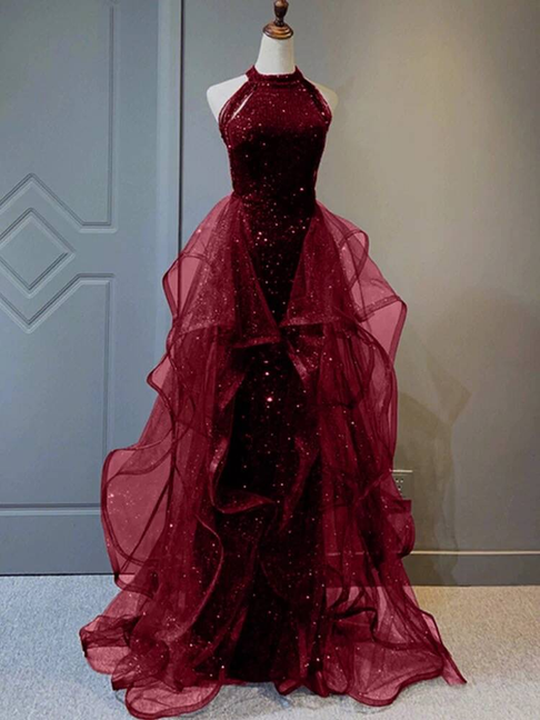 Bescheidenes Ballkleid mit hohem Halsausschnitt, Burgunderrot, Pailletten, langes Ballkleid, Partykleid, 21. Geburtstag, Outfits, Abschlusskleid AU259