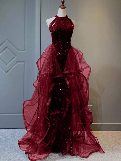 Bescheidenes Ballkleid mit hohem Halsausschnitt, Burgunderrot, Pailletten, langes Ballkleid, Partykleid, 21. Geburtstag, Outfits, Abschlusskleid AU259