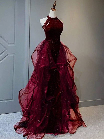 Bescheidenes Ballkleid mit hohem Halsausschnitt, Burgunderrot, Pailletten, langes Ballkleid, Partykleid, 21. Geburtstag, Outfits, Abschlusskleid AU259