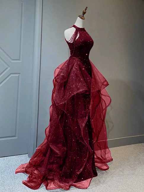 Bescheidenes Ballkleid mit hohem Halsausschnitt, Burgunderrot, Pailletten, langes Ballkleid, Partykleid, 21. Geburtstag, Outfits, Abschlusskleid AU259