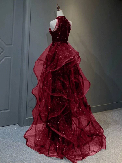Bescheidenes Ballkleid mit hohem Halsausschnitt, Burgunderrot, Pailletten, langes Ballkleid, Partykleid, 21. Geburtstag, Outfits, Abschlusskleid AU259
