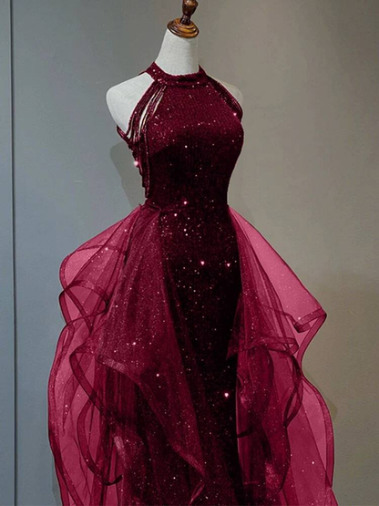 Bescheidenes Ballkleid mit hohem Halsausschnitt, Burgunderrot, Pailletten, langes Ballkleid, Partykleid, 21. Geburtstag, Outfits, Abschlusskleid AU259