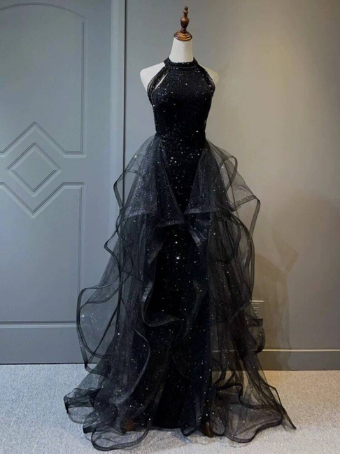 Classy Ball Gown High Neck Black Sequin Long Prom Dresses Party Dress 21st Birthday Outfits Graduation Dress AU260