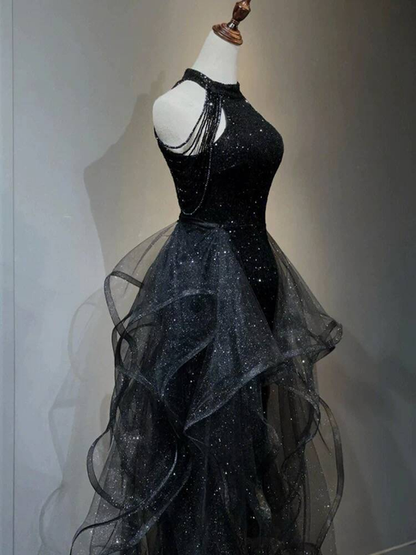 Classy Ball Gown High Neck Black Sequin Long Prom Dresses Party Dress 21st Birthday Outfits Graduation Dress AU260