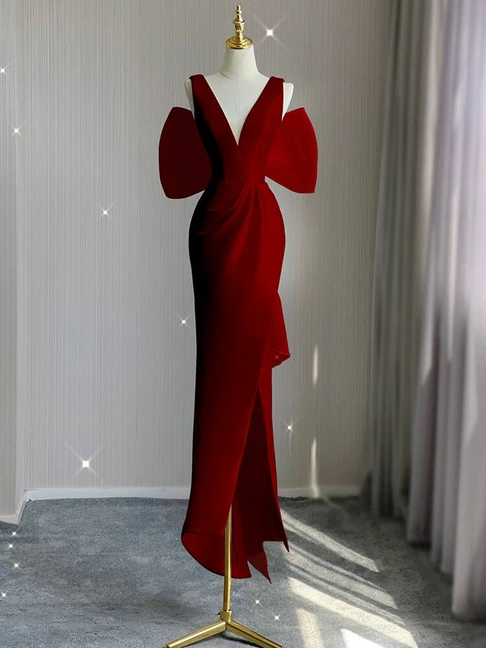 Schlichtes Etuikleid mit V-Ausschnitt, rotes Satin, lange Ballkleider, Partykleid, 21. Geburtstag, Outfits, Abschlusskleid AU261