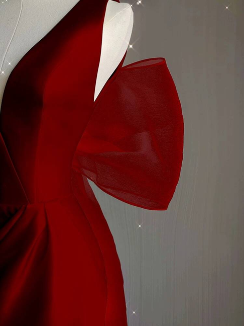 Schlichtes Etuikleid mit V-Ausschnitt, rotes Satin, lange Ballkleider, Partykleid, 21. Geburtstag, Outfits, Abschlusskleid AU261