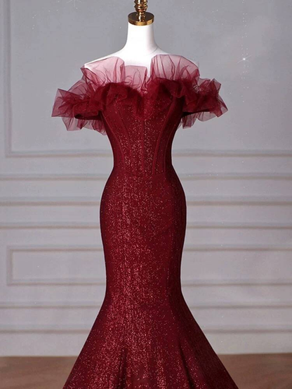Classy Mermaid Off The Shoulder Burgundy Sequin Long Prom Dresses Party Dress 21st Birthday Outfits Graduation Dress AU262