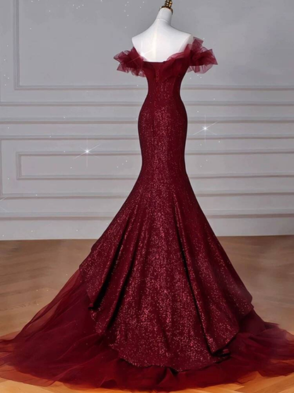 Classy Mermaid Off The Shoulder Burgundy Sequin Long Prom Dresses Party Dress 21st Birthday Outfits Graduation Dress AU262