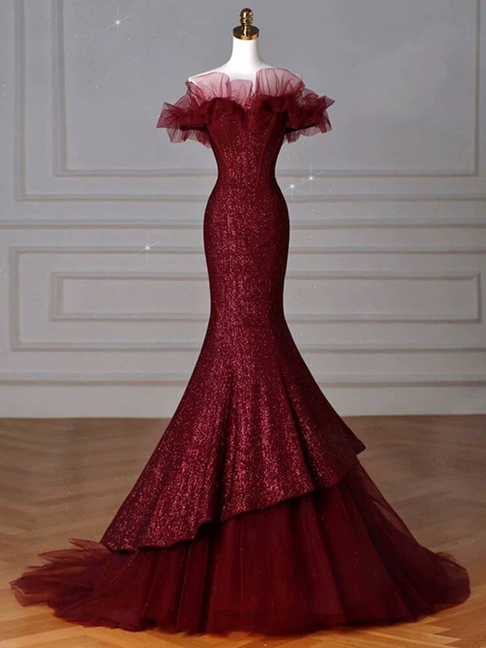 Classy Mermaid Off The Shoulder Burgundy Sequin Long Prom Dresses Party Dress 21st Birthday Outfits Graduation Dress AU262