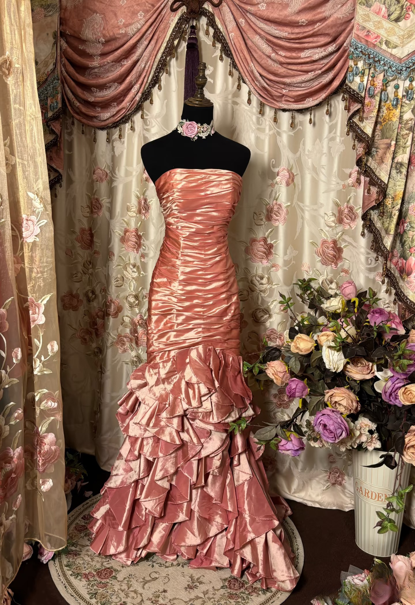 Robe de bal sirène élégante, sans bretelles et sans manches, en satin rose, longueur au sol, AU262