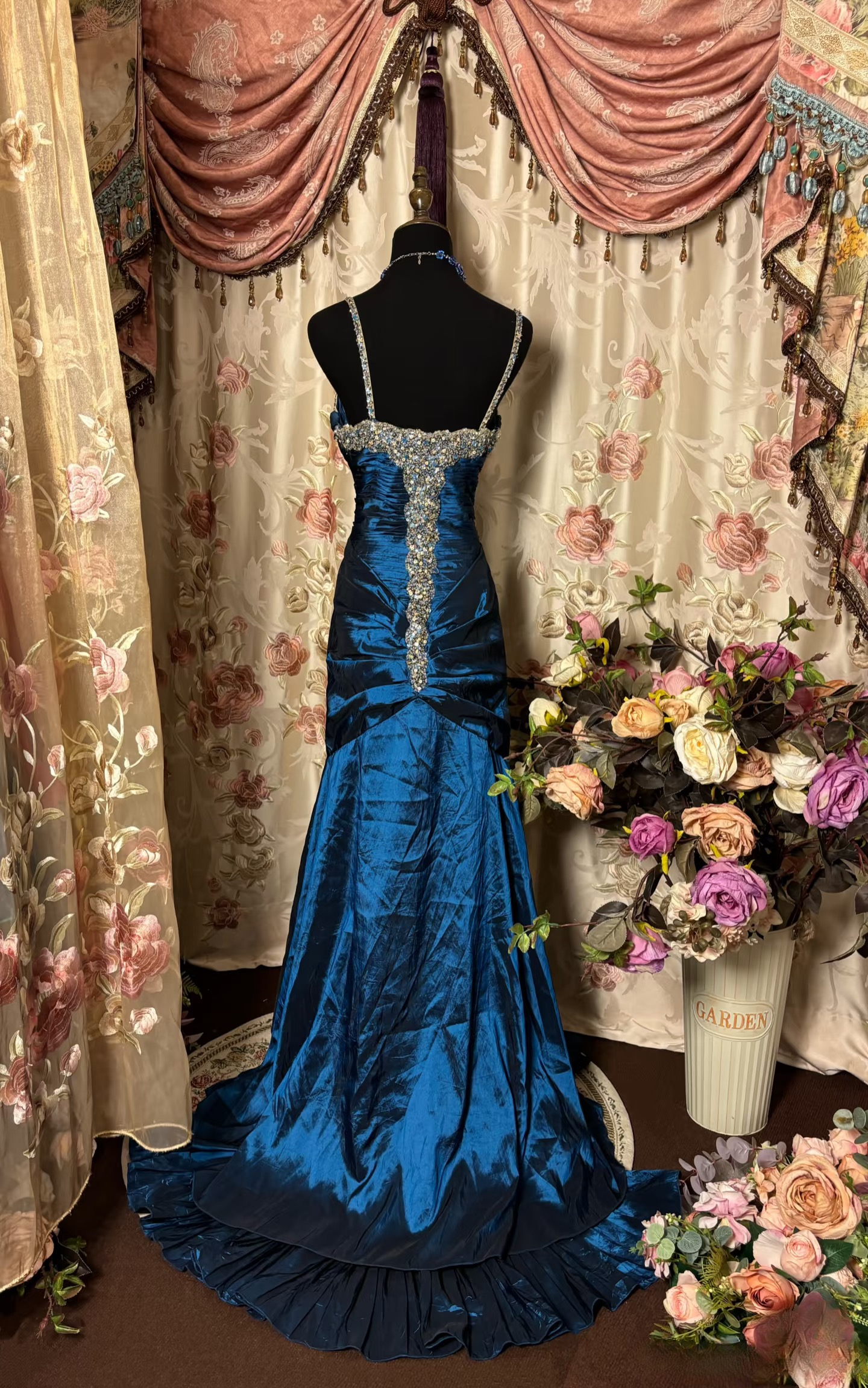 Vintage Mermaid Spaghetti Strap Navy Blue Taffeta Long Prom Dresses Formal Party Teens Evening Gowns AU263