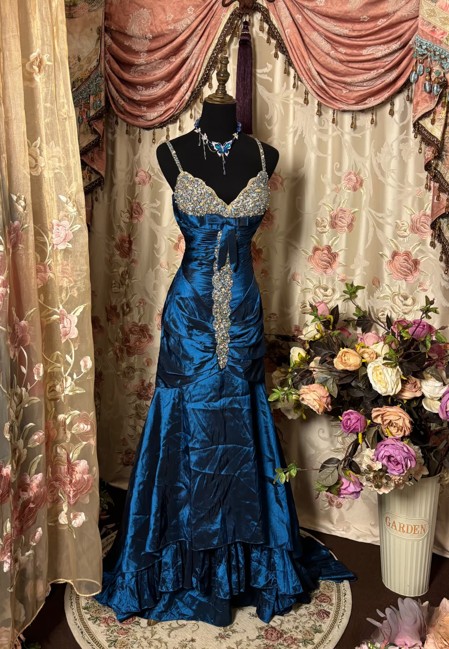 Vintage Mermaid Spaghetti Strap Navy Blue Taffeta Long Prom Dresses Formal Party Teens Evening Gowns AU263