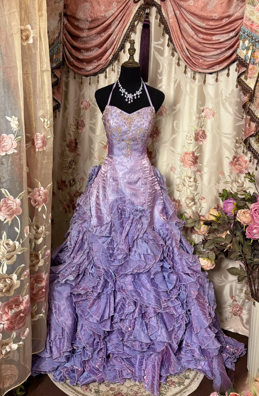Vintage Ball Gown Halter Light Grape Lilac With Gold Beaded Long Quinceanera Dress Sweet 15 16 Dresses AU264