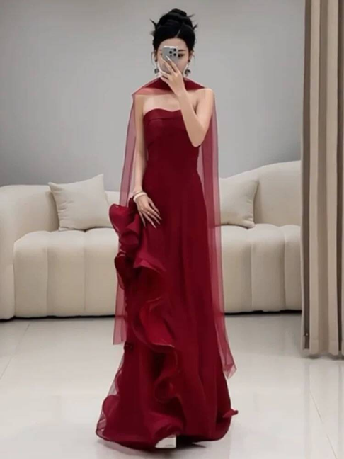 Robe de bal longue en tulle bordeaux, élégante, décolleté en cœur, style sirène, avec foulard, tenue de soirée pour 21e anniversaire, robe de remise de diplôme, AU265