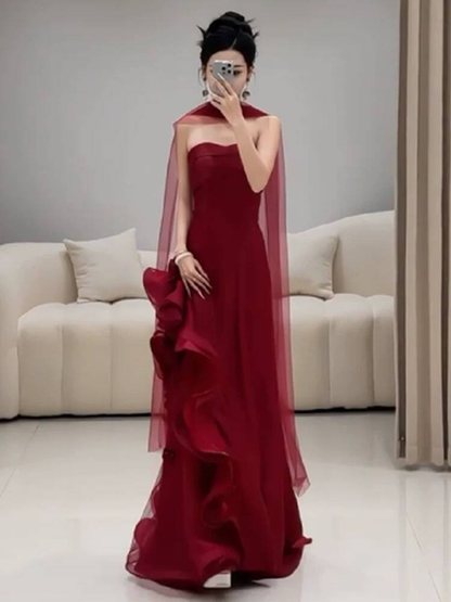 Robe de bal longue en tulle bordeaux, élégante, décolleté en cœur, style sirène, avec foulard, tenue de soirée pour 21e anniversaire, robe de remise de diplôme, AU265