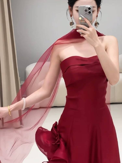 Robe de bal longue en tulle bordeaux, élégante, décolleté en cœur, style sirène, avec foulard, tenue de soirée pour 21e anniversaire, robe de remise de diplôme, AU265