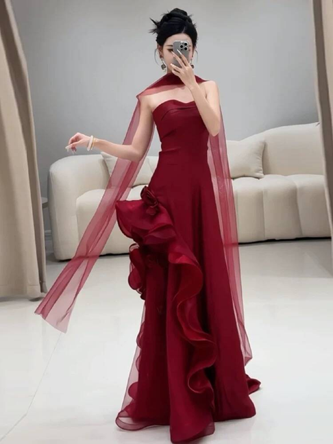 Robe de bal longue en tulle bordeaux, élégante, décolleté en cœur, style sirène, avec foulard, tenue de soirée pour 21e anniversaire, robe de remise de diplôme, AU265