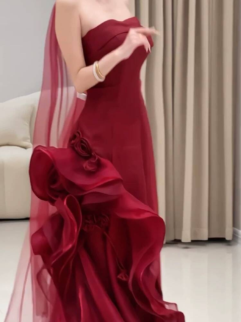 Robe de bal longue en tulle bordeaux, élégante, décolleté en cœur, style sirène, avec foulard, tenue de soirée pour 21e anniversaire, robe de remise de diplôme, AU265