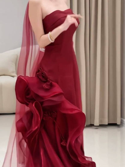 Robe de bal longue en tulle bordeaux, élégante, décolleté en cœur, style sirène, avec foulard, tenue de soirée pour 21e anniversaire, robe de remise de diplôme, AU265