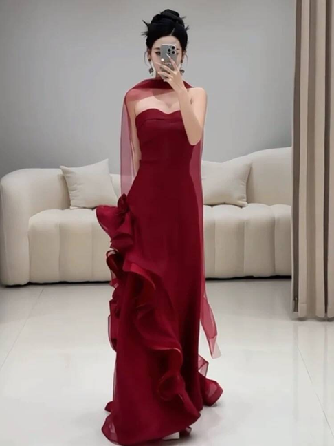 Robe de bal longue en tulle bordeaux, élégante, décolleté en cœur, style sirène, avec foulard, tenue de soirée pour 21e anniversaire, robe de remise de diplôme, AU265