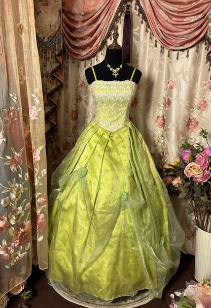Vintage Ball Gown Spaghetti Straps Bud Green With Lace Long Quinceanera Dress Sweet 15 16 Dresses AU266