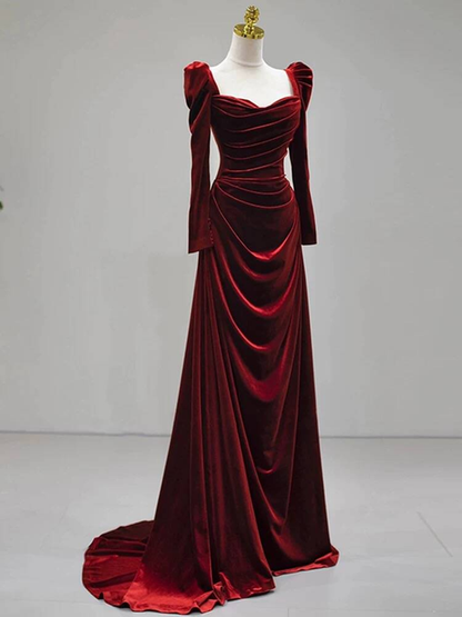 Bescheidene Meerjungfrau Schatz Burgund Samt Lange Ärmel Ballkleider Inspiration Partykleid Prinzessin Abschlusskleid AU267