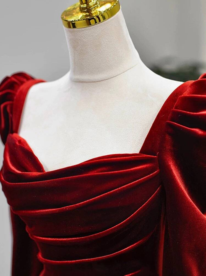 Bescheidene Meerjungfrau Schatz Burgund Samt Lange Ärmel Ballkleider Inspiration Partykleid Prinzessin Abschlusskleid AU267