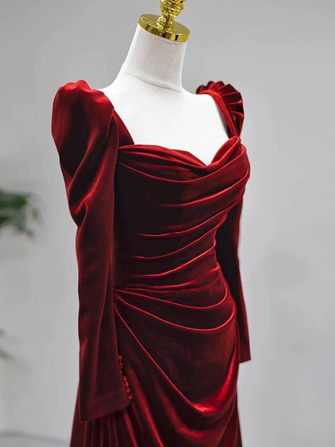 Bescheidene Meerjungfrau Schatz Burgund Samt Lange Ärmel Ballkleider Inspiration Partykleid Prinzessin Abschlusskleid AU267