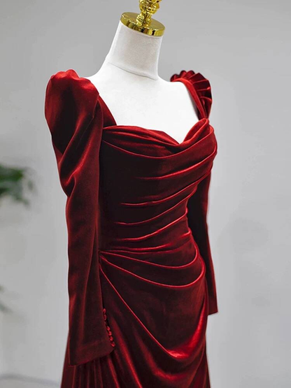 Bescheidene Meerjungfrau Schatz Burgund Samt Lange Ärmel Ballkleider Inspiration Partykleid Prinzessin Abschlusskleid AU267