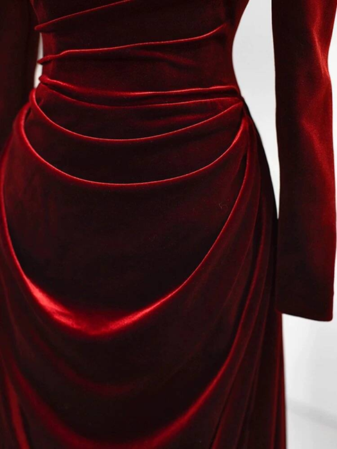 Bescheidene Meerjungfrau Schatz Burgund Samt Lange Ärmel Ballkleider Inspiration Partykleid Prinzessin Abschlusskleid AU267