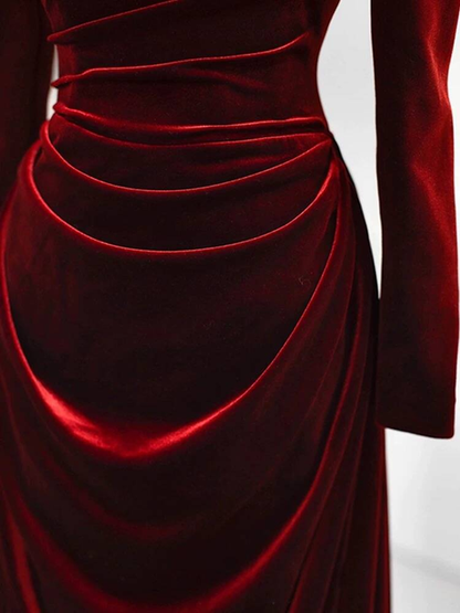 Bescheidene Meerjungfrau Schatz Burgund Samt Lange Ärmel Ballkleider Inspiration Partykleid Prinzessin Abschlusskleid AU267