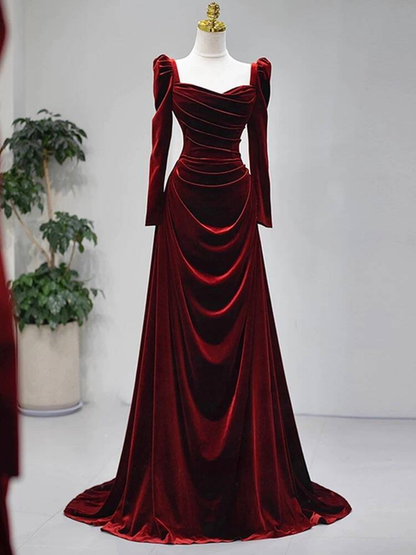 Bescheidene Meerjungfrau Schatz Burgund Samt Lange Ärmel Ballkleider Inspiration Partykleid Prinzessin Abschlusskleid AU267