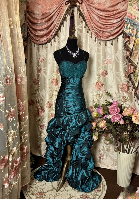 Vintage Mermaid High Low Spaghetti Strap Teal Taffeta Long Prom Dresses Formal Party Teens Evening Gowns AU267