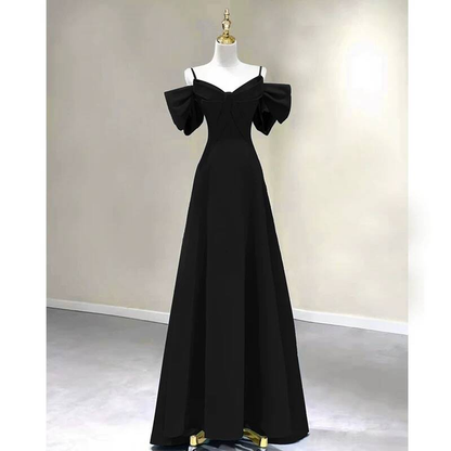 Robe de bal longue en satin noir, simple, coupe trapèze, bretelles spaghetti, tenue de soirée pour 21e anniversaire, robe de remise de diplôme, AU268