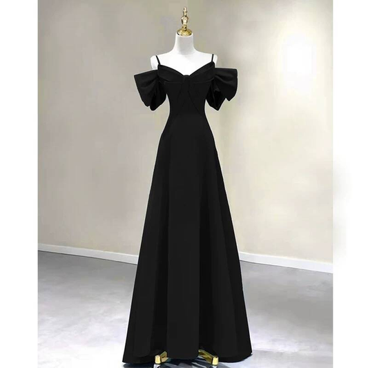 Simple A Line Spaghetti Straps Black Satin Long Prom Dresses Party Dress 21st Birthday Outfits Graduation Dress AU268