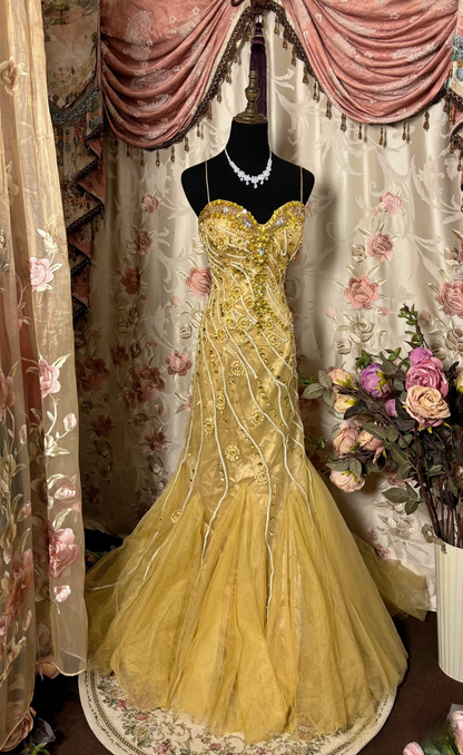 Vintage Mermaid Spaghetti Strap Gold Tulle With Beads Gem Long Prom Dresses Formal Party Teens Evening Gowns AU268
