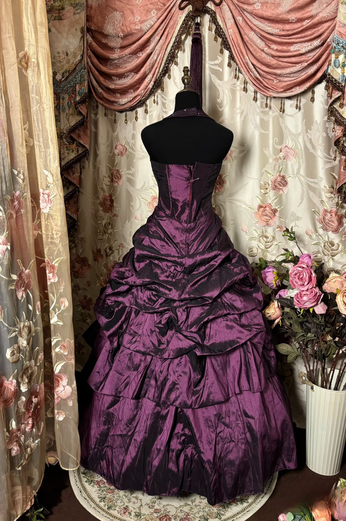 Robe de bal vintage dos nu en taffetas couleur raisin avec perles, robe de bal longue pour quinceañera, robe pour 15 ou 16 ans (AU269)