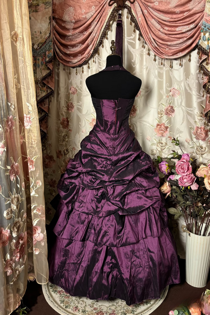 Robe de bal vintage dos nu en taffetas couleur raisin avec perles, robe de bal longue pour quinceañera, robe pour 15 ou 16 ans (AU269)