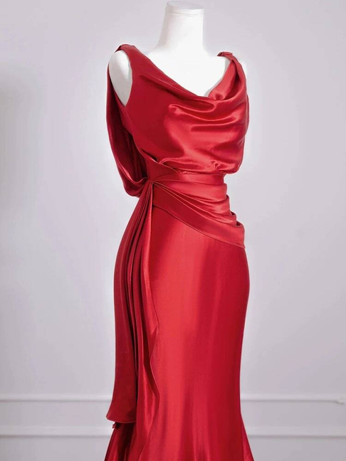 Sexy Meerjungfrau Rot Ärmelloses Satin Lange Ballkleider Partykleid 21. Geburtstag Outfits Abschlusskleid AU270