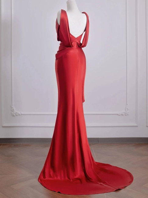 Sexy Meerjungfrau Rot Ärmelloses Satin Lange Ballkleider Partykleid 21. Geburtstag Outfits Abschlusskleid AU270