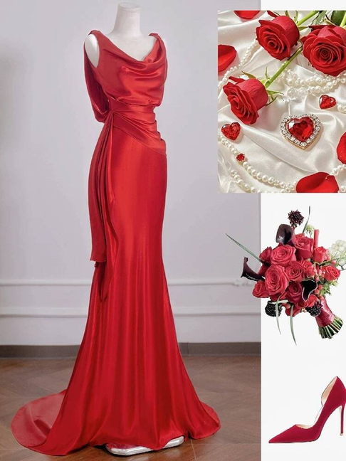 Sexy Meerjungfrau Rot Ärmelloses Satin Lange Ballkleider Partykleid 21. Geburtstag Outfits Abschlusskleid AU270