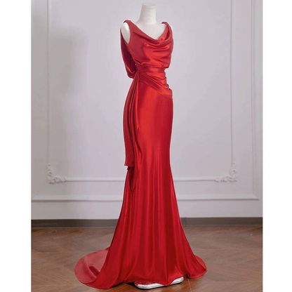 Sexy Meerjungfrau Rot Ärmelloses Satin Lange Ballkleider Partykleid 21. Geburtstag Outfits Abschlusskleid AU270