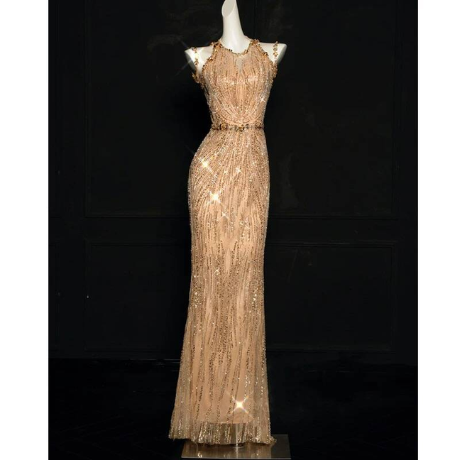 Sexy Meerjungfrau Jewel Ärmellose Pailletten Gold Lange Ballkleider Partykleid 21. Geburtstag Outfits Abschlusskleid AU271