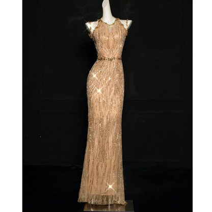 Sexy Meerjungfrau Jewel Ärmellose Pailletten Gold Lange Ballkleider Partykleid 21. Geburtstag Outfits Abschlusskleid AU271