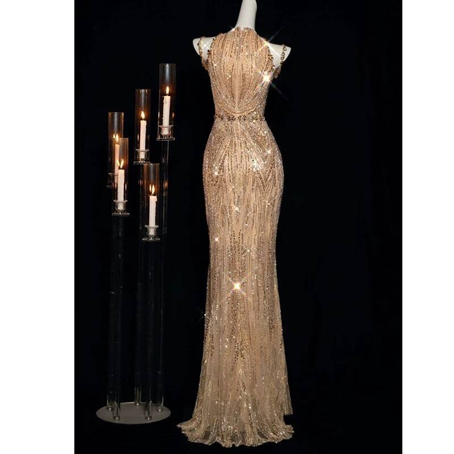 Sexy Meerjungfrau Jewel Ärmellose Pailletten Gold Lange Ballkleider Partykleid 21. Geburtstag Outfits Abschlusskleid AU271