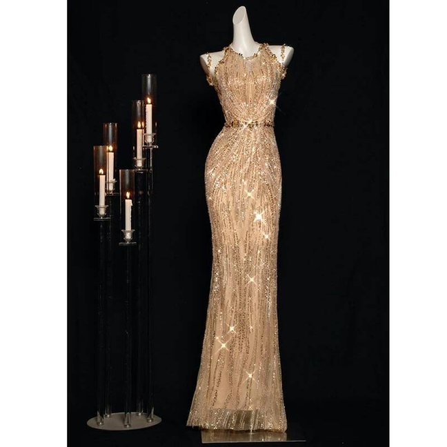 Sexy Meerjungfrau Jewel Ärmellose Pailletten Gold Lange Ballkleider Partykleid 21. Geburtstag Outfits Abschlusskleid AU271