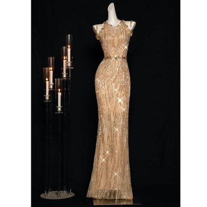Sexy Meerjungfrau Jewel Ärmellose Pailletten Gold Lange Ballkleider Partykleid 21. Geburtstag Outfits Abschlusskleid AU271