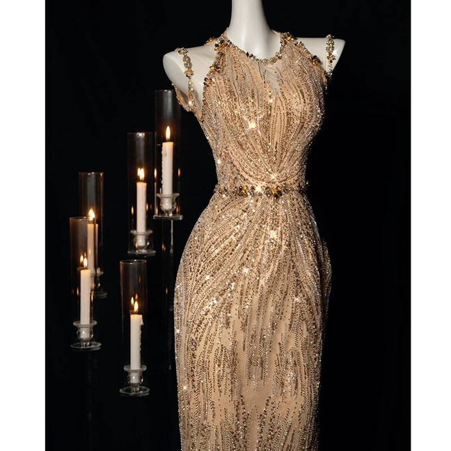 Sexy Meerjungfrau Jewel Ärmellose Pailletten Gold Lange Ballkleider Partykleid 21. Geburtstag Outfits Abschlusskleid AU271